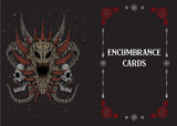 Illustration of a monstrous face with red accents on a dark background, featuring the text 'Encumbrance Cards'.