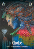 Colorful tarot card with a person and birds, featuring the number 10 and the word 'Choice'.