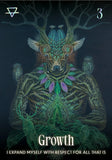 Artistic depiction of a deer with intricate designs and owls, titled 'Growth'.