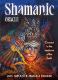 Book cover of 'Shamanic Oracle' with a colorful illustration of a person wearing an owl headdress against a dark background.