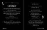Spellbook page with text and illustrations on a black background