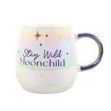 Iridescent mug with 'Stay Wild Moonchild' text on a white background