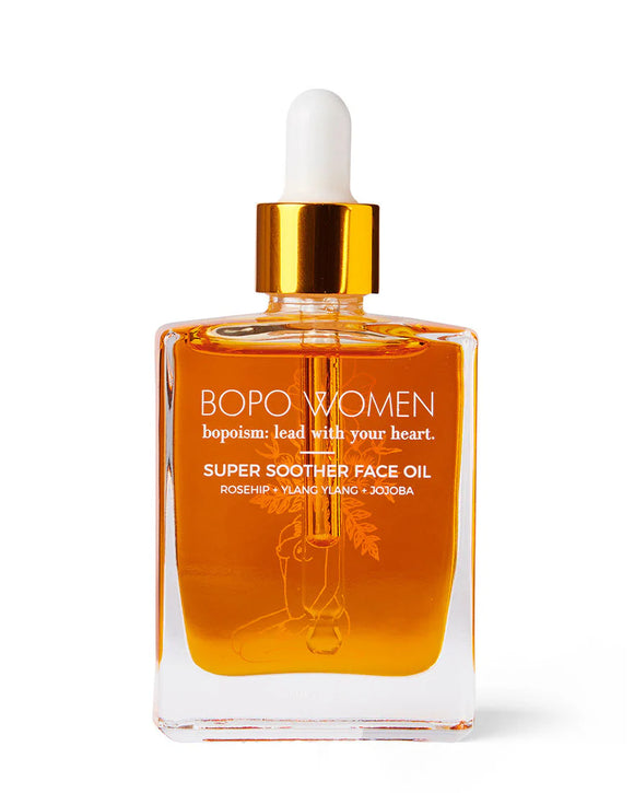Bopo Women Super Soother Face Oil bottle with dropper on a white background