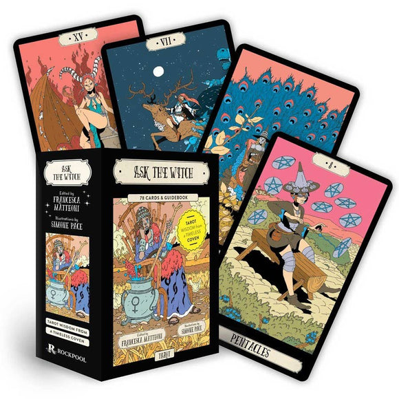 Collection of tarot cards with colorful illustrations and a box on a white background