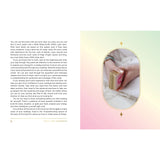 Book page with text and an illustration of a hand holding tarot cards on a gradient background