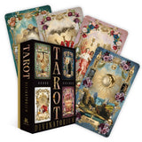 Set of tarot cards with decorative designs and a black box labeled 'Tarot Divinatorium' on a white background.