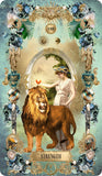 Decorative tarot card titled 'Strength' featuring a woman with a lion and ornate border.