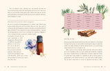 Page from a book or magazine featuring an essential oil bottle, flowers, and text on a white background.