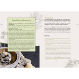 Book pages with text and a small bowl of herbs on a white background