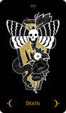Card with a butterfly and skeleton design on a black background, labeled 'Death'.