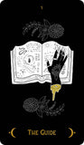 Illustration of an open book with a hand reaching out, surrounded by plants on a black background.
