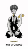 A stylized tarot card illustration labeled 'PAGE OF CRYSTALS' showing a seated woman with an afro holding a crystal ball, rendered in black, white, and gray with small gold accents on a white background.