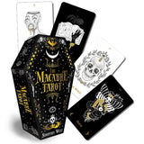 Macabre Tarot card set with deck box and cards featuring skull and coffin designs.