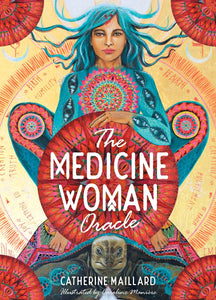 Book cover of 'The Medicine Woman Oracle' with a colorful illustration of a woman and mandala-like design.