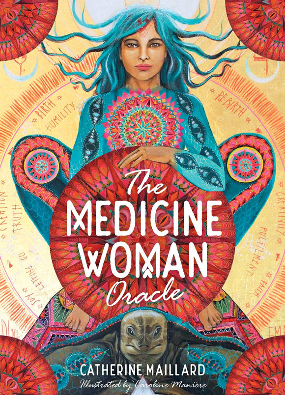 Book cover of 'The Medicine Woman Oracle' with a colorful illustration of a woman and mandala-like design.