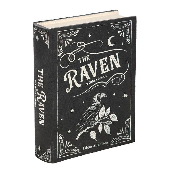 Book-shaped box with 'The Raven' design on a white background