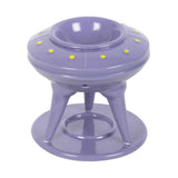 Purple pet toy with a central bowl on a white background