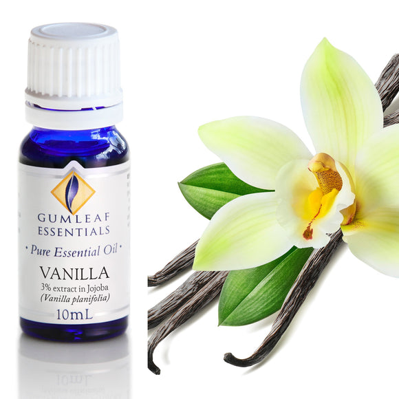 Bottle of Gumleaf Essentials Vanilla essential oil with vanilla beans and a flower on a white background