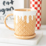 Beige mug with waffle-patterned design on a white surface