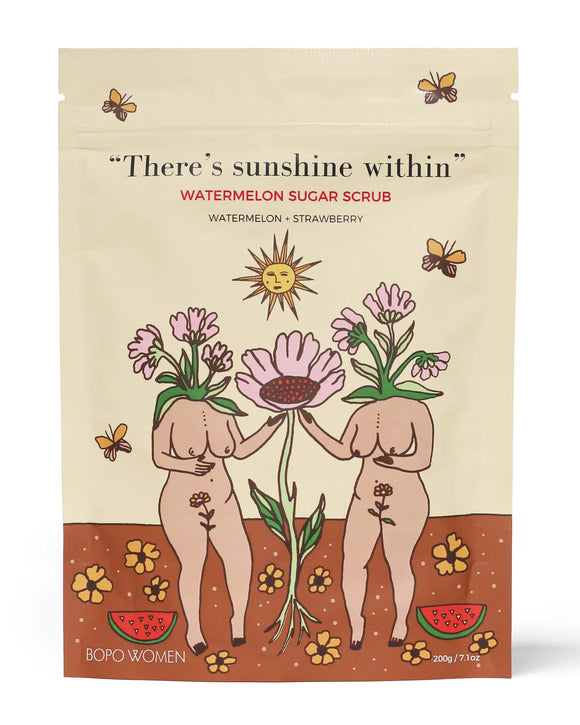 Watermelon sugar scrub packaging with illustrations of two figures holding a flower, surrounded by nature-themed designs.