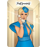 Illustration of a woman in a blue uniform with a phone, standing in a golden frame with 'Trust yourself' text.