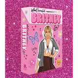 Product packaging with a character design on a pink glittery background