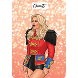 Illustration of a woman in a red jacket with gold buttons on a pink background, featuring the text 'Own it'.