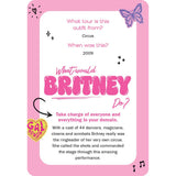 Pink card with text and graphics related to a 'What Would Britney Do?' questionaire