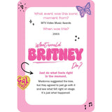 Pink card with text about a moment from the MTV Video Music Awards involving Britney Spears and Madonna, with decorative elements.