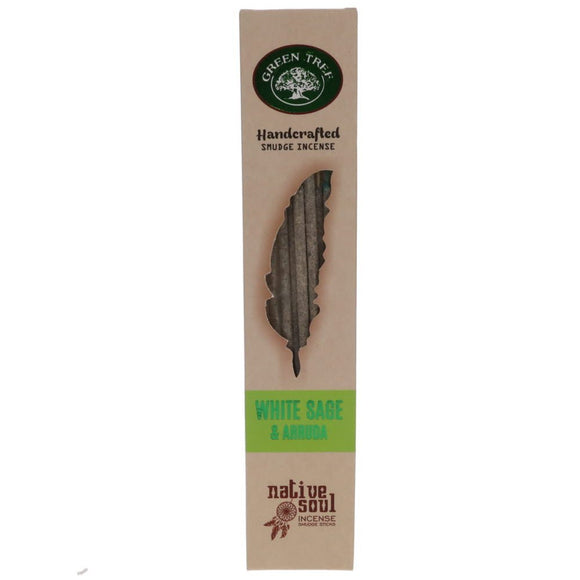 Incense packaging with 'Green Tree' branding on a beige background