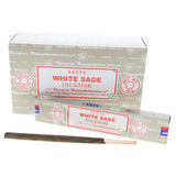 Satya White Sage incense packaging with incense sticks on a white background