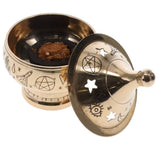 Gold-colored container with decorative designs on a white background