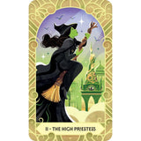 Card featuring a witch with a broomstick against a castle and moon backdrop, labeled 'The High Priestess'.