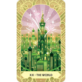 Card titled 'The World' with a green cityscape and fireworks in the background