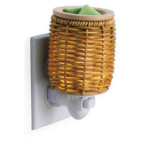 Wicker-style wall-mounted night light with a white base on a white background