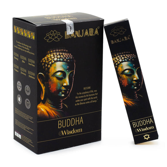 Buddha-themed incense packaging with 'Banjara' branding on a white background