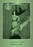 Illustration of a woman with flowing hair under a moonlit sky, with text '1. Burning Times Integrity' at the bottom.