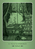 A tarot card titled '4. YULE'S EMBRACE' from the 'Solitude' suit, featuring a dark green and black ink illustration of a cozy winter scene with a woman embracing in a windowed room, surrounded by an owl, bare trees, and a decorated Christmas tree.