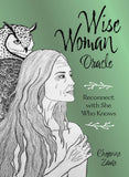 Book cover of 'Wise Woman Oracle' with a woman and owl illustration on a green background