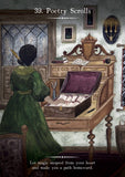 Illustrated cover art for '39. Poetry Scrolls' showing a woman in a green dress writing in a parchment scroll at a wooden desk, with the text 'Let magic unspool from your heart and make a path homeward.