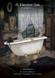 Illustration of a clawfoot bathtub in a vintage-style room with a window and decorative items.