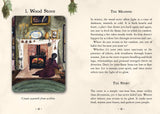 Illustration of a person by a wood stove with text on the right side.