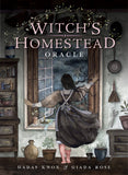 Book cover for 'Witch's Homestead Oracle' by Hadas Knox & Giada Rose, featuring an illustration of a woman in a dark dress standing by a window in a rustic cottage, looking out at a stormy night sky with lightning.