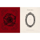 Two design elements on a red and beige background with a pentagram and mirror illustration.