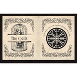 Open book with illustrations of an owl in a cage and a symbol, on a white background.