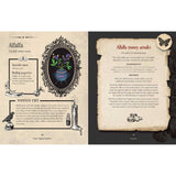 Open book showing pages with magical spellbook content, including alfalfa and money amulet recipes.