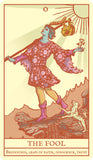Tarot card featuring 'The Fool' with a person holding a globe and a sun above, on a beige background.