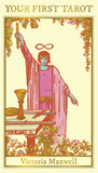 Book cover of 'Your First Tarot' by Victoria Maxwell with a tarot card design.