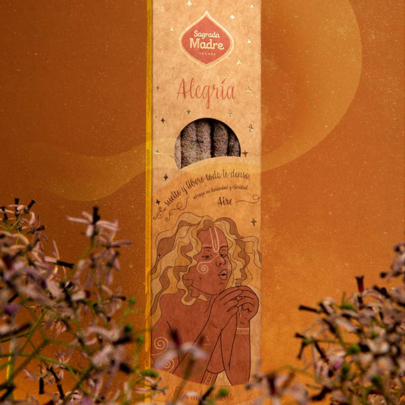 Package of 'Alegría' with artistic design on an orange background