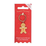Gingerbread man keyring on a red card with text